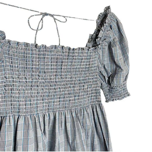Hill House Athena Gray Blue Plaid Check Puff Sleeve Smocked Mini Nap Dress Small - Picture 4 of 8